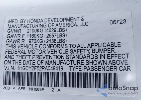 2023 Honda Accord Hybrid Sport z USA, uszkodzony, nr VIN 1HGCY2F52PA049419